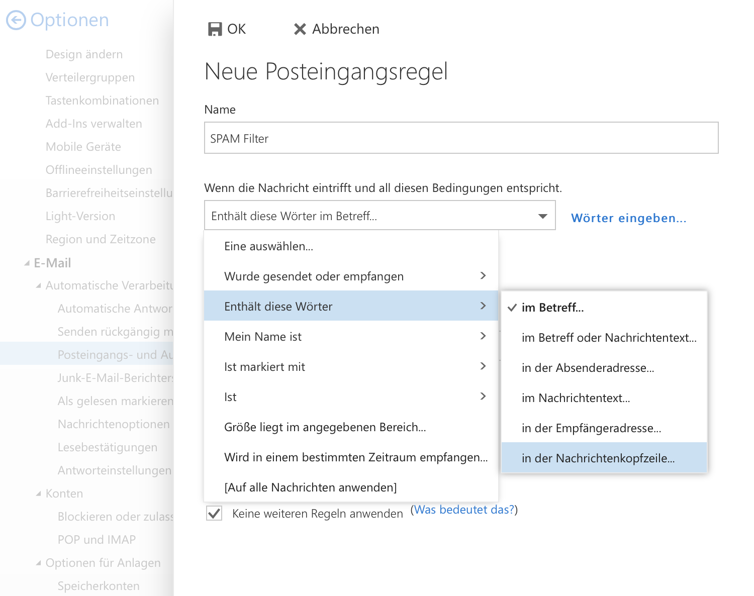 Posteingangsregel - Nachrichtenkopfzeile